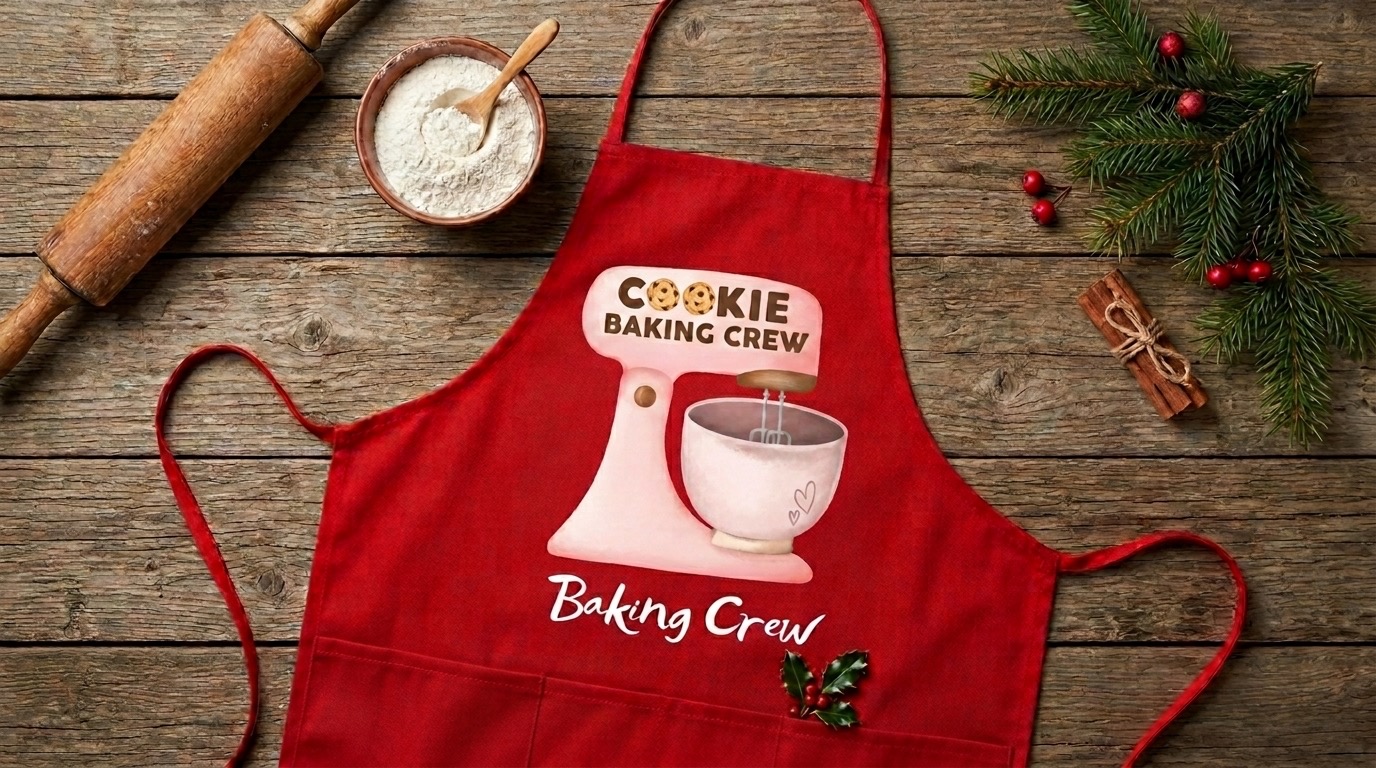 Red 'Cookie Baking Crew' apron laid flat on a wooden table with a rolling pin and flour